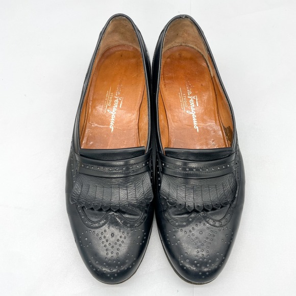 Salvatore Ferragamo‎ Mens 9.5D Kiltie Loafers Shoes Black Leather Fringe Brogue